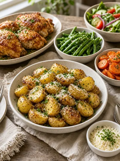 easy side dish recipes with Parmesan potatoes served alongside chicken, green beans, and carrots