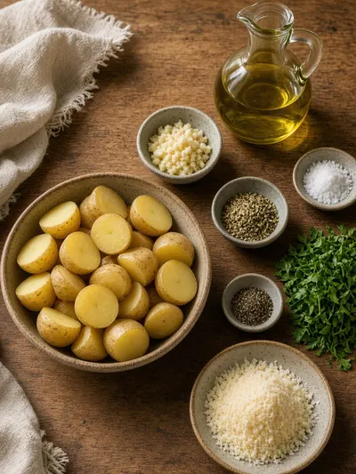 Easy side dish recipes ingredients arranged on a kitchen table with baby potatoes, garlic, Parmesan, herbs, and seasonings