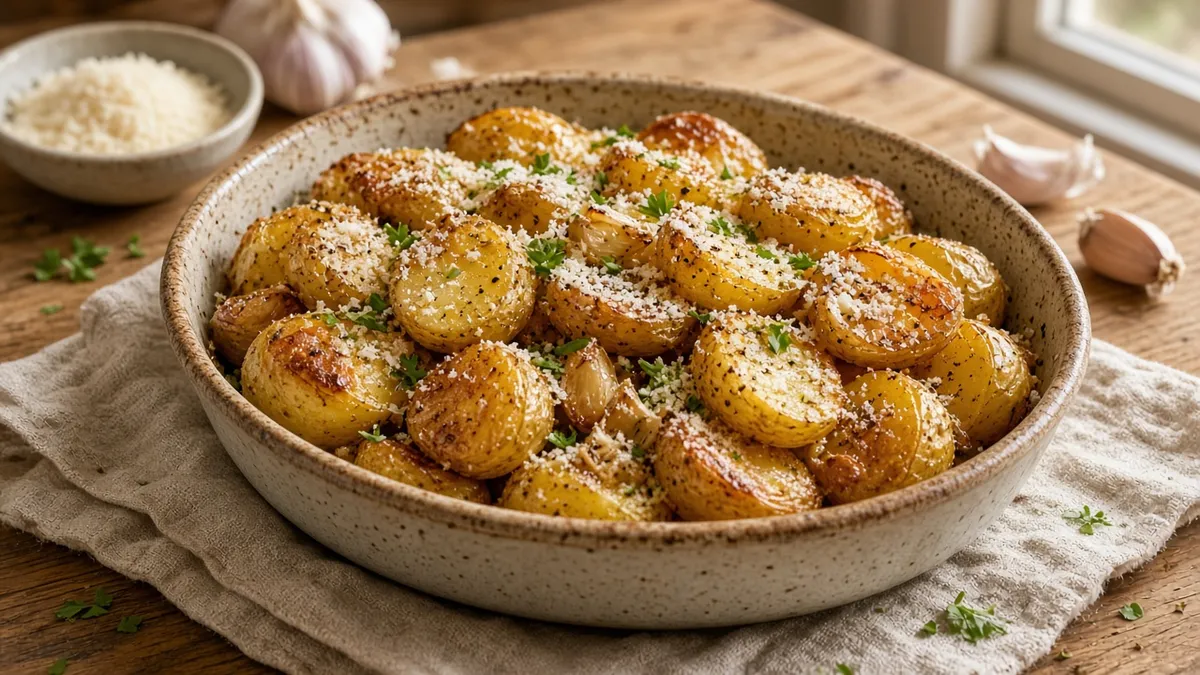 easy side dish recipes featuring golden roasted garlic Parmesan potatoes in a rustic baking dish