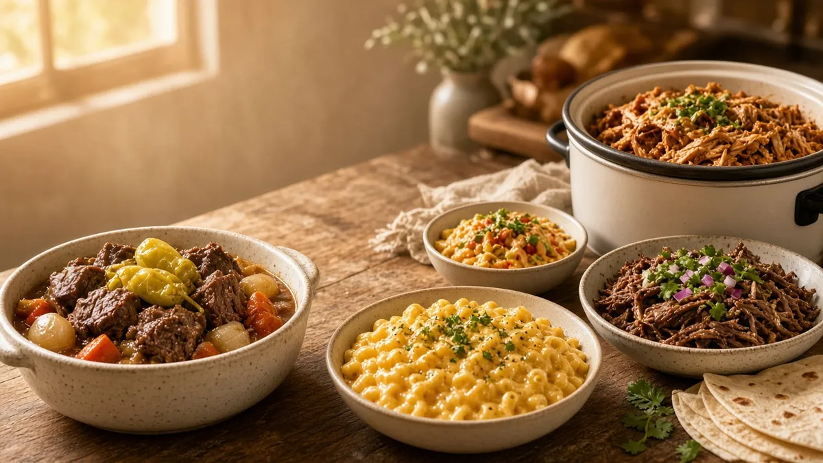 Easy slow cooker recipes with pot roast, BBQ chicken, mac and cheese, and barbacoa