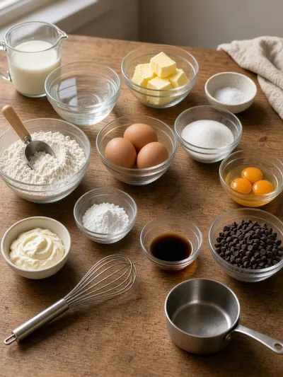 Ingredients arranged for making eclairs on a kitchen table