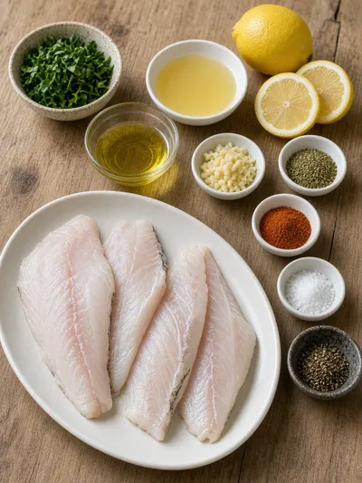 Ingredients arranged on a kitchen table for how to cook fish, including white fish fillets, lemon, garlic, olive oil, parsley, paprika, salt, and pepper