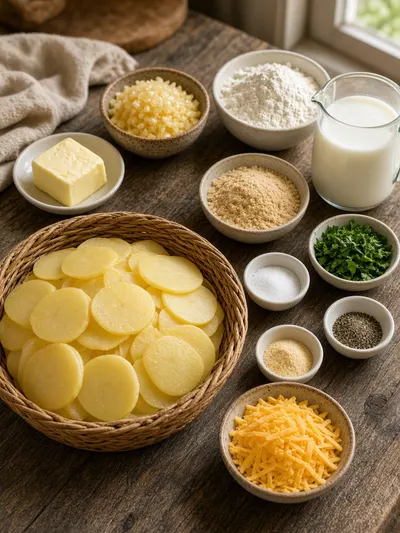 Fresh ingredients arranged on a kitchen table for potato recipes