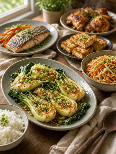 Bok choy recipe presented on a family-style table with rice, noodles, tofu, fish, and colorful vegetables