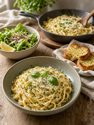 easy pasta recipes for dinner served with Parmesan, basil, salad, and garlic bread