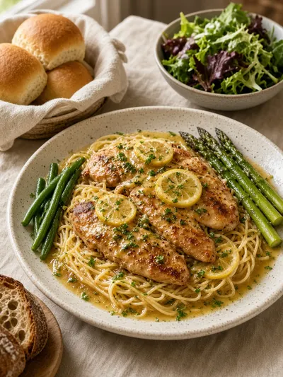 Chicken francese served with angel hair pasta, vegetables, citrus garnish, and rustic bread