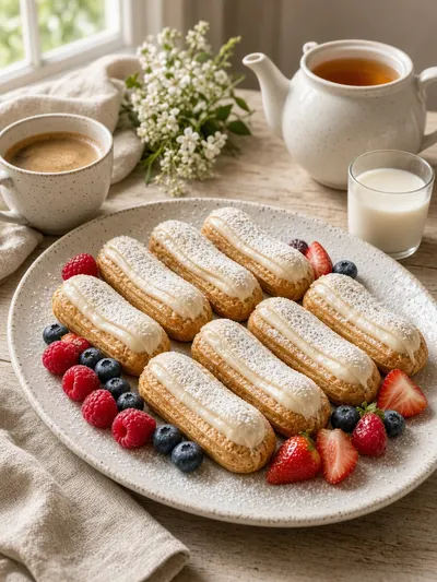 Chilled eclairs arranged with berries, powdered sugar, coffee, tea, and warm milk on a celebration table