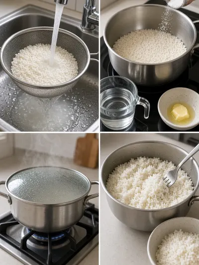 Four-panel photo showing how to make rice by rinsing, simmering, resting, and fluffing grains.