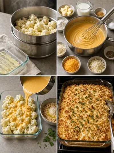 Four-panel portrait showing cauliflower recipes being steamed, coated in cheese sauce, topped with crumbs, and baked in a casserole dish.