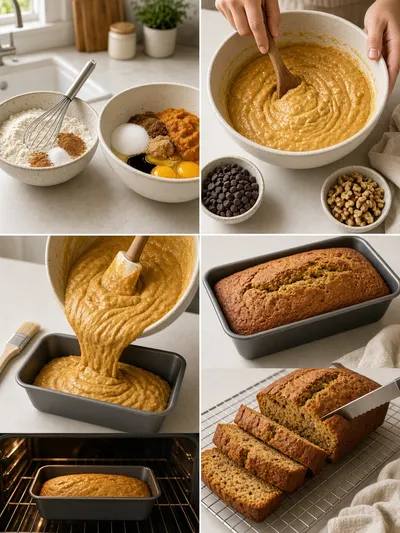 Step-by-step pumpkin bread preparation shown in a four-panel portrait collage
