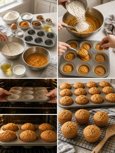 Four-panel preparation guide for pumpkin muffins, from whisking ingredients to cooling the baked treats.