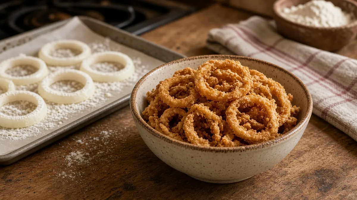 french's fried homemade onions in a bowl with crispy golden rings cooling beside a baking sheet