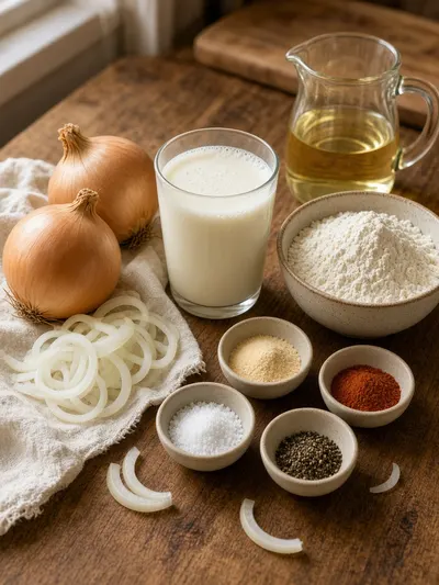 french's fried ingredients arranged on a wooden kitchen table with onions, buttermilk, flour, spices, and vegetable oil