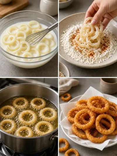 french's fried onion rings shown soaking, coating, frying, and cooling across a four-panel kitchen collage