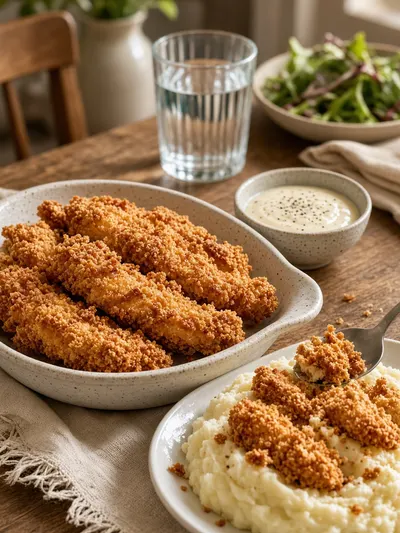 french's fried served with mashed potatoes and dipping sauce on a welcoming family table