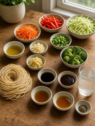 Measured ingredients arranged for preparing lo mein noodles on a kitchen table