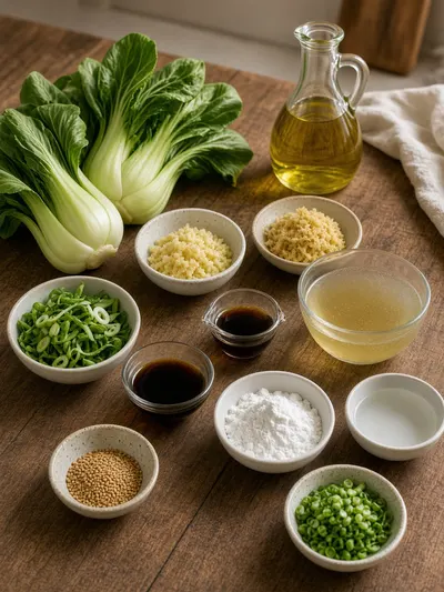 Bok choy recipe ingredients arranged on a wooden kitchen table with garlic, ginger, broth, soy sauce, sesame oil, sesame seeds, and green onions