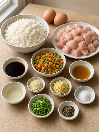Ingredients arranged for a chicken fried rice recipe on a bright kitchen table