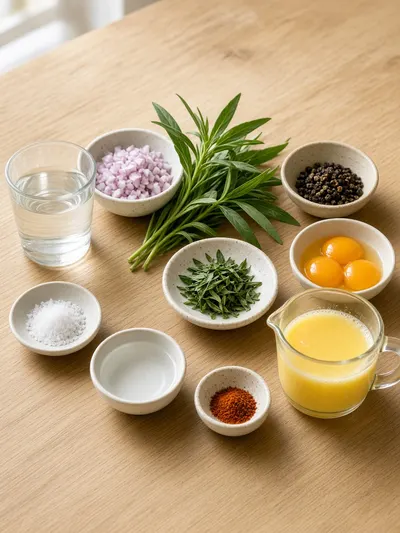 Ingredients arranged on a kitchen table for bearnaise sauce, including egg yolks, butter, tarragon, shallot, vinegar, pepper, salt, and cayenne.