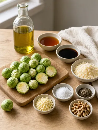 Ingredients arranged on a kitchen table for brussel sprout recipes, including Brussels sprouts, olive oil, maple syrup, balsamic vinegar, garlic, walnuts, and Parmesan.