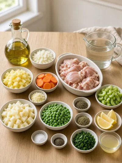 Portrait kitchen-table arrangement of ingredients for winston soup, including chicken, vegetables, broth, herbs, peas, potatoes, and lemon