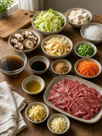 Sukiyaki ingredients arranged in bowls and plates on a wooden kitchen table