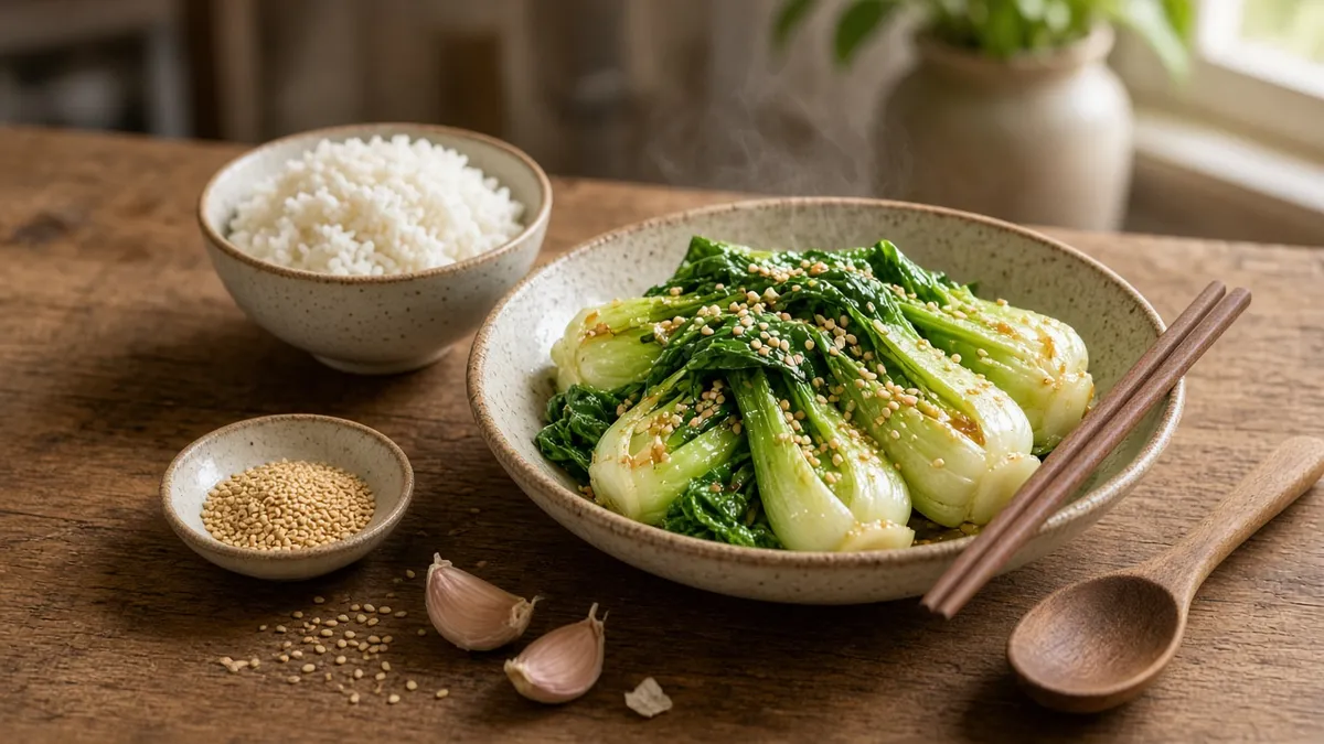 Bok choy recipe with tender greens, garlic sesame sauce, and steamed rice served in a ceramic bowl