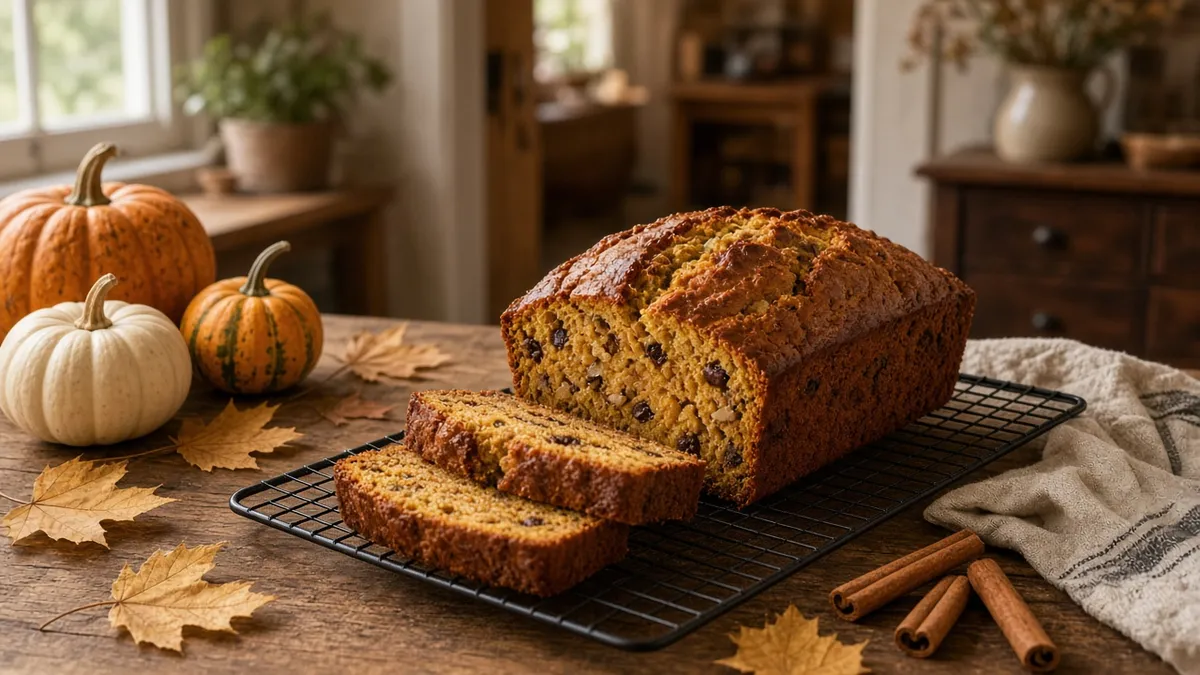 Sliced pumpkin bread with chocolate chips and walnuts cooling on a rustic kitchen counter