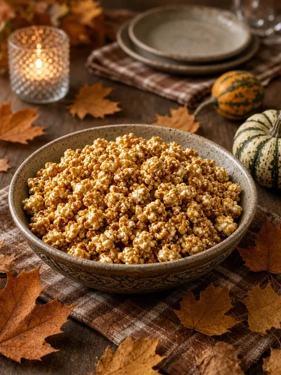 Caramel popcorn presented in a harvest-style dish among seasonal table decorations for a family Halloween gathering.