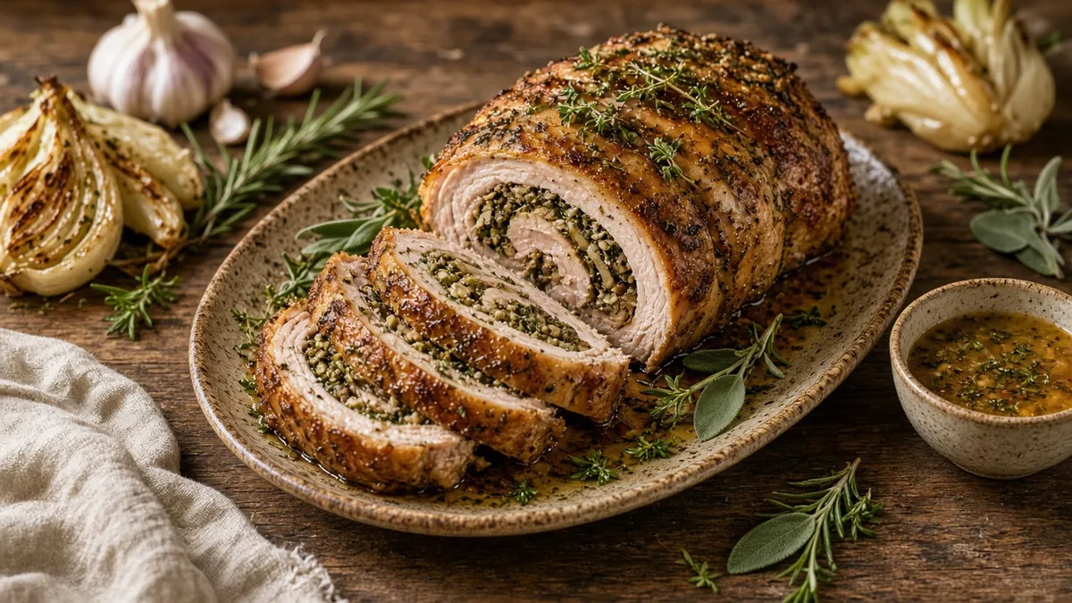 Sliced herb-roasted turkey porchetta with garlic, fennel, and rosemary on a rustic serving platter