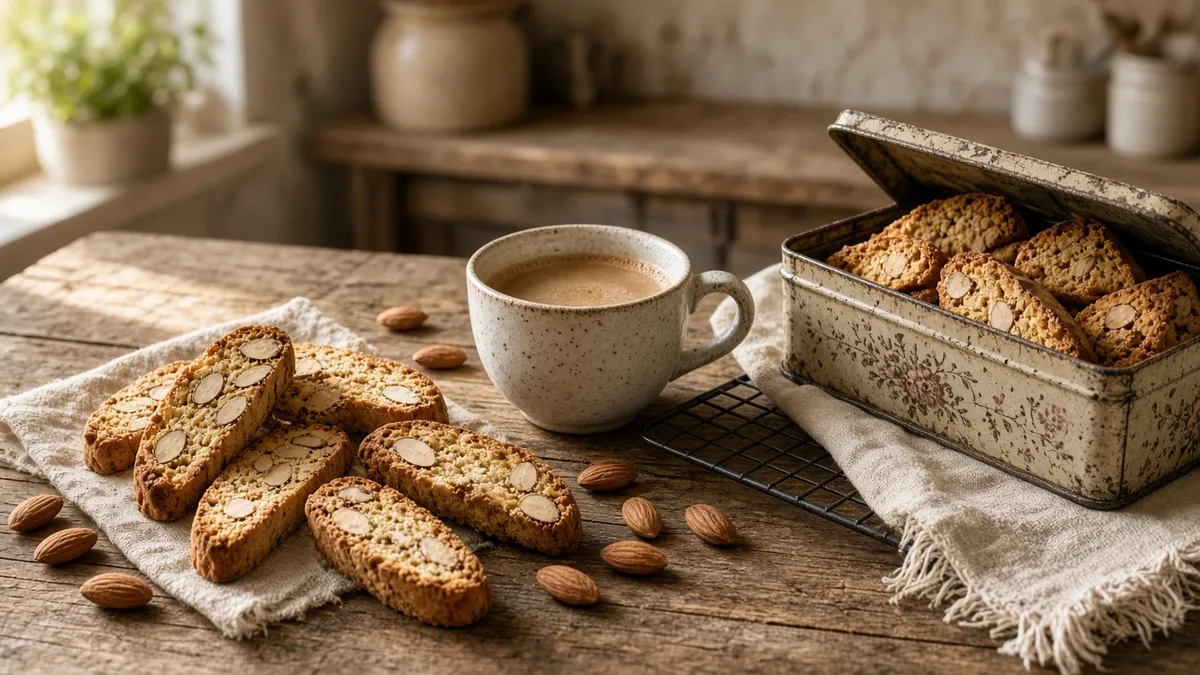 Homemade almond biscotti cooling on a rack beside coffee in a cozy kitchen