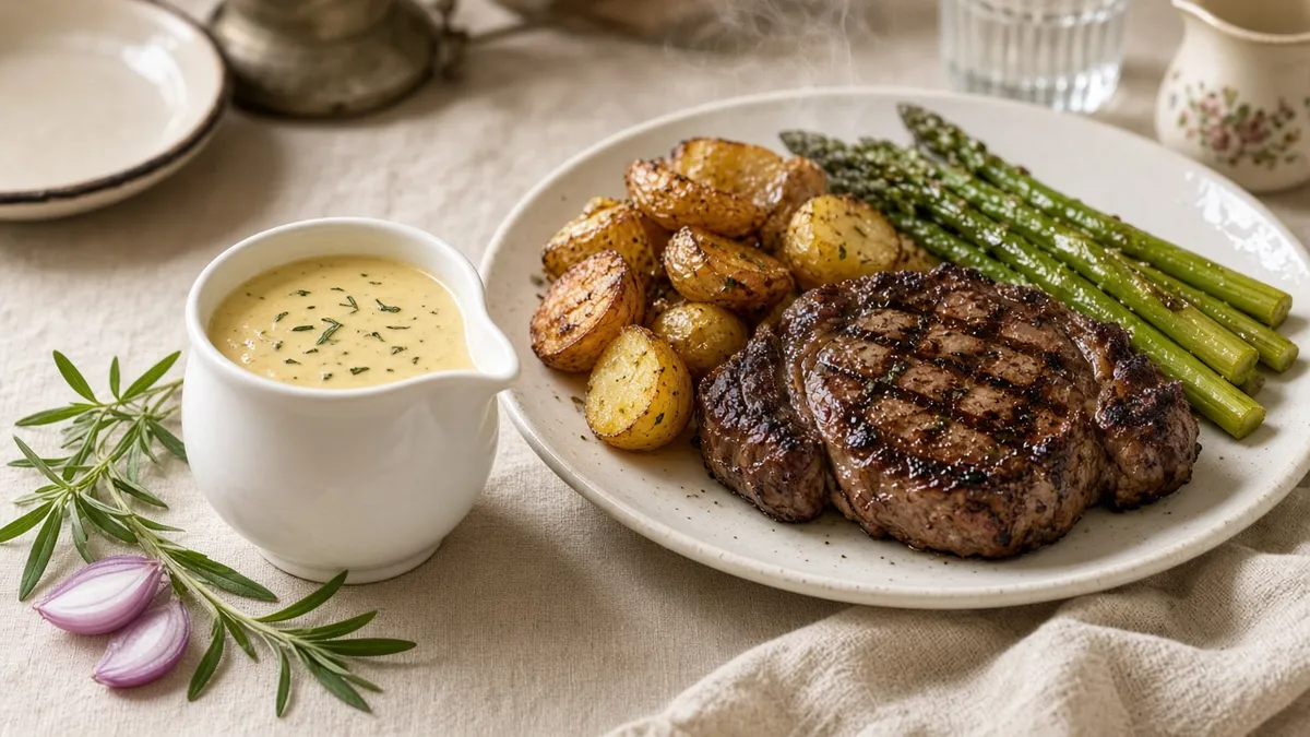 Homemade bearnaise sauce in a ceramic pitcher served with steak, roasted potatoes, and asparagus