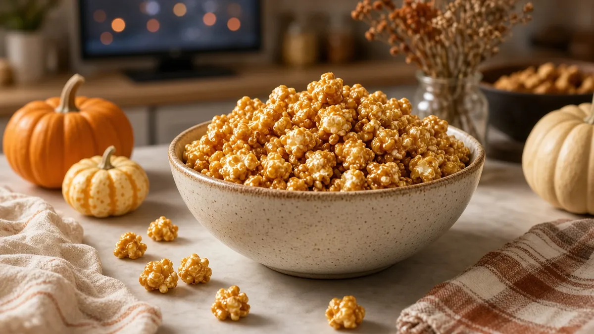 Golden caramel popcorn in a ceramic bowl on a cozy autumn kitchen counter