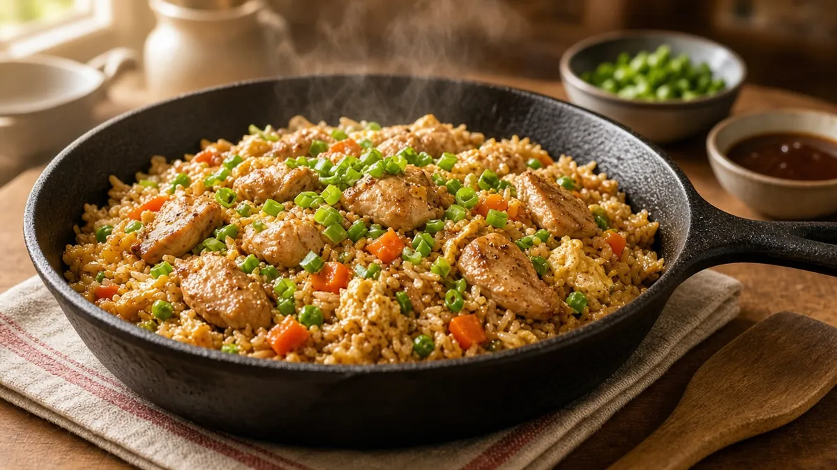 Chicken fried rice recipe with tender chicken, vegetables, egg, and fluffy rice served in a rustic skillet