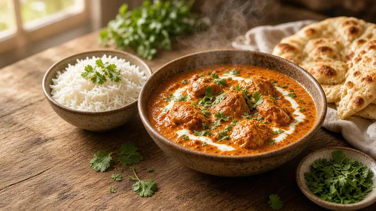 Homemade tikka masala with tender chicken in a creamy tomato sauce, served with rice and naan.