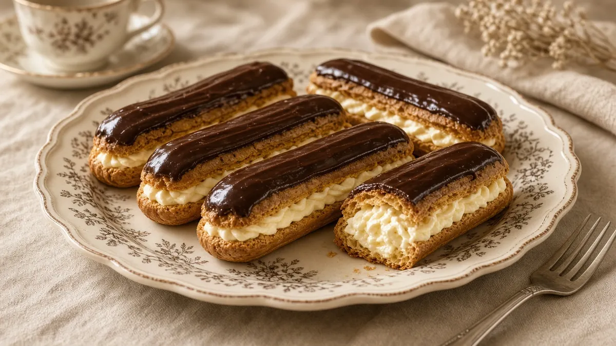 Homemade chocolate eclairs with golden pastry shells, vanilla cream filling, and glossy chocolate icing on a serving platter