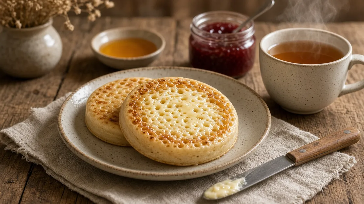 Homemade crumpet toasted golden and spread with butter beside tea, honey, and raspberry jam
