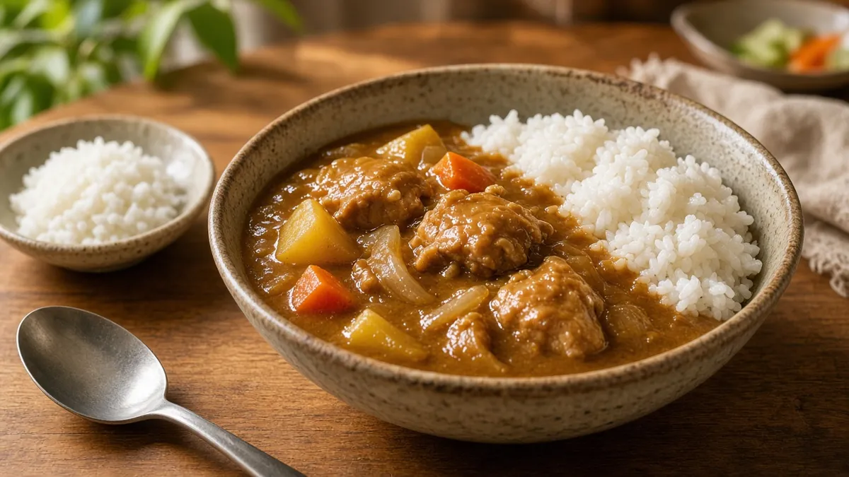 Japanese curry with tender chicken, potatoes, carrots, and onions served over fluffy white rice
