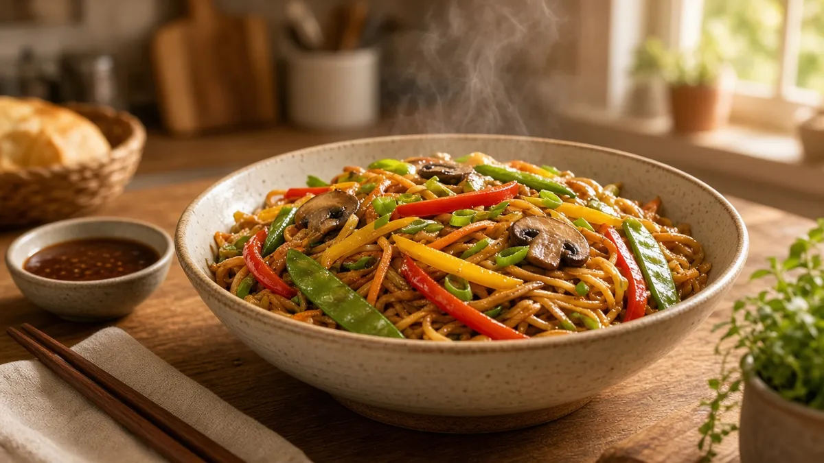 lo mein noodles with colorful vegetables and savory sauce served in a family-style bowl