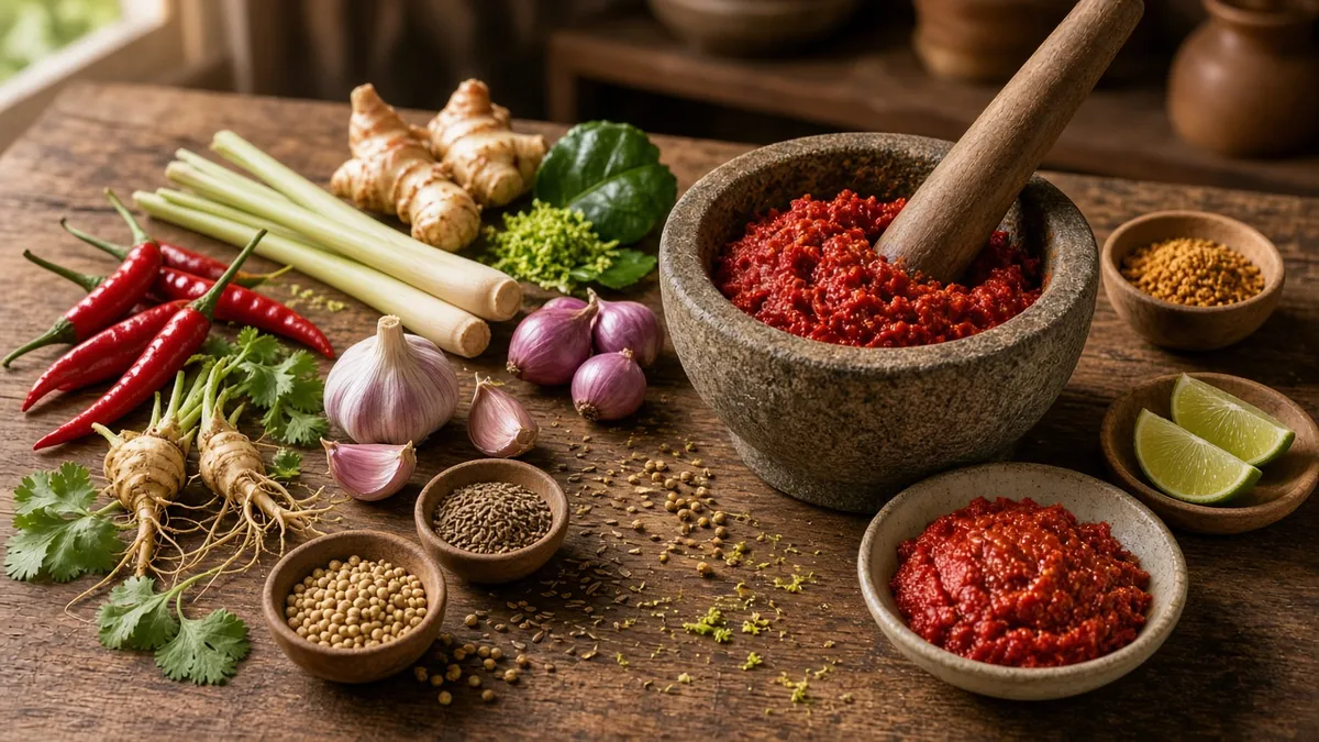 Homemade red curry paste in a stone mortar surrounded by chilies, lime, herbs, and toasted spices