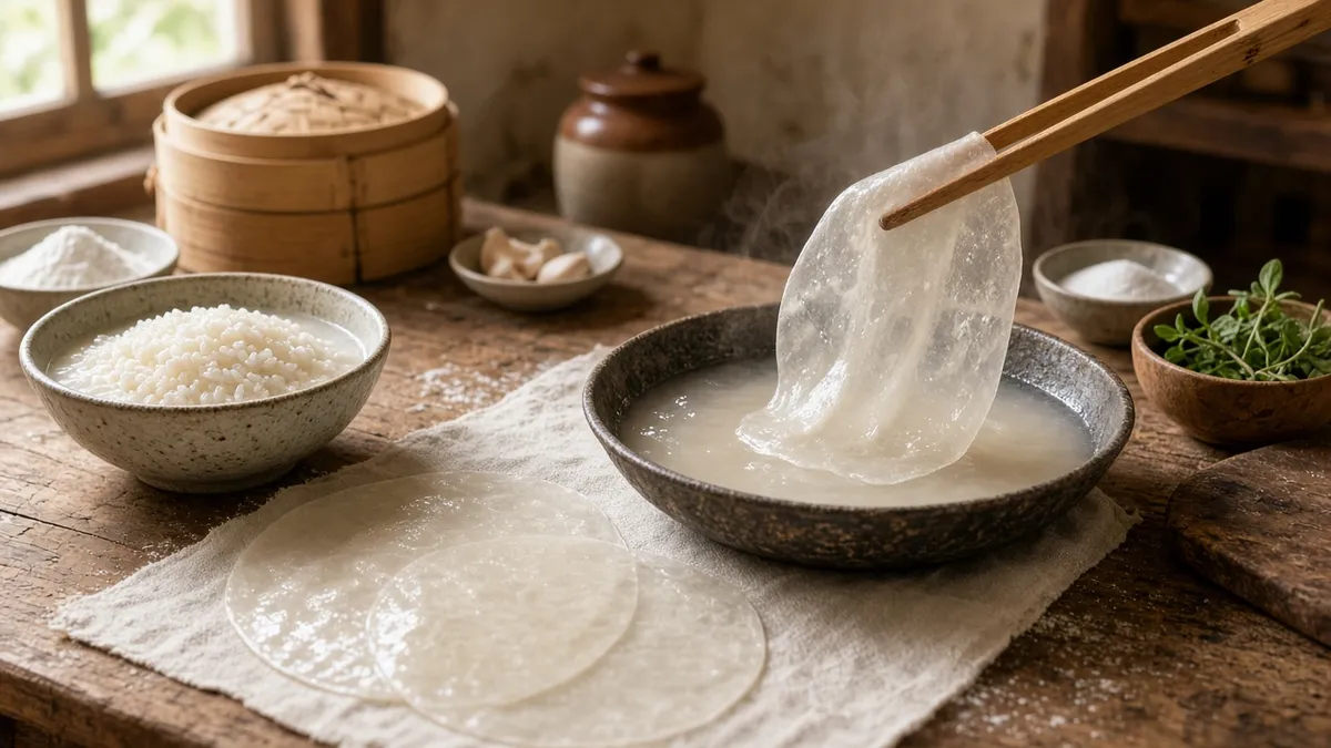 Homemade rice paper wrappers drying on a linen cloth beside a bamboo steamer
