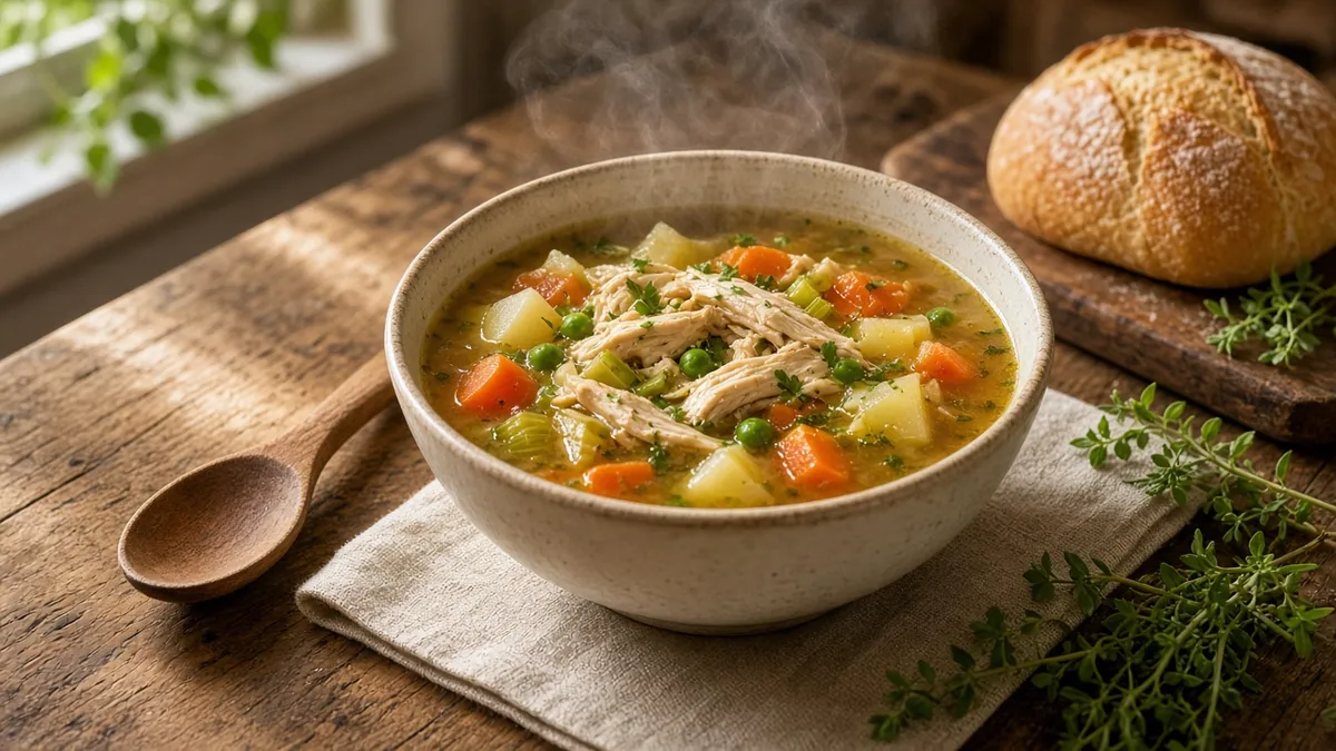 Winston soup with tender chicken, garden vegetables, and savory broth served in a rustic bowl