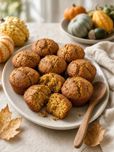 Pumpkin muffins presented on a ceramic platter at a welcoming fall family table