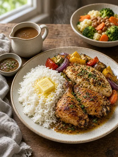 how to make rice served with roasted chicken, baked fish, vegetables, gravy, and butter