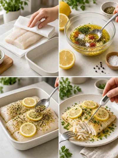 Four-panel visual guide showing how to cook fish by seasoning fillets, adding lemon slices, baking, checking doneness, and garnishing with parsley.