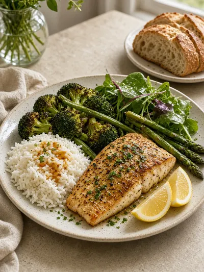 how to cook fish served with seasonal vegetables, rice, salad, citrus wedges, and warm bread at a family dinner table