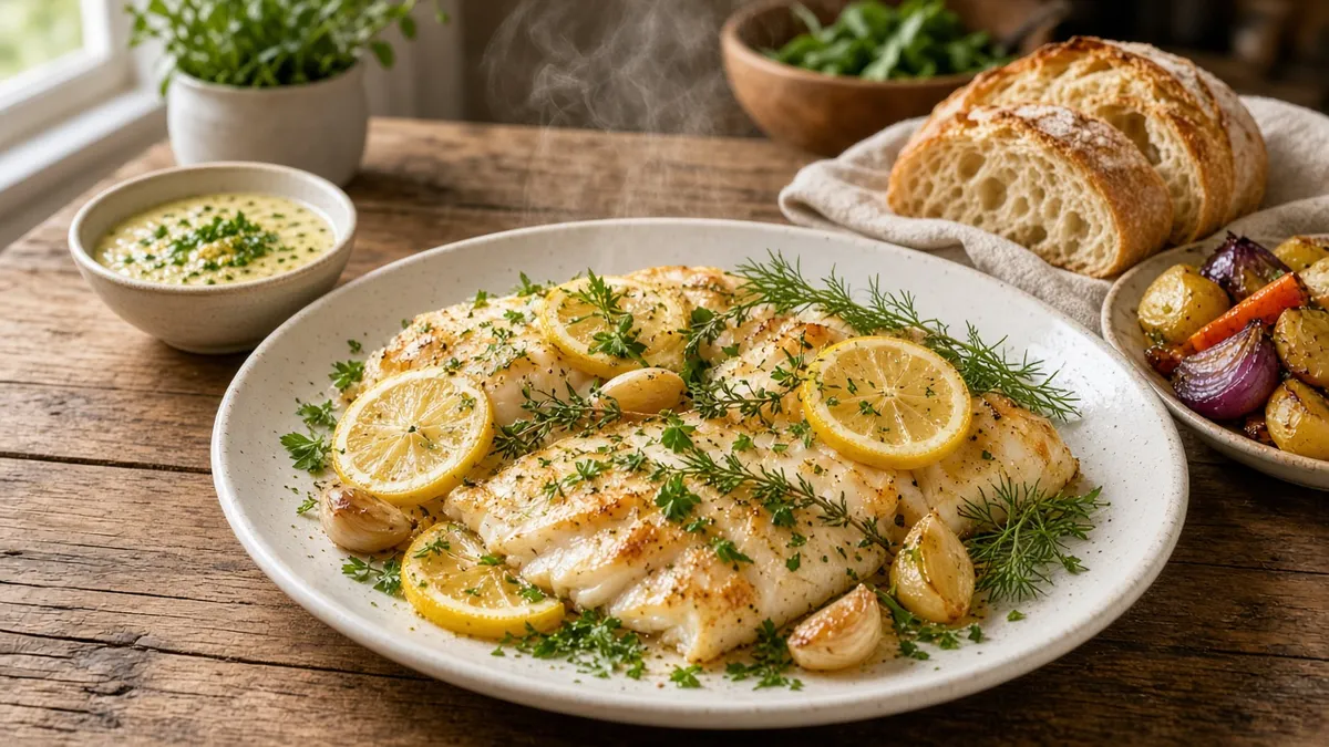 How to cook fish with lemon, garlic, herbs, roasted vegetables, and crusty bread on a rustic platter