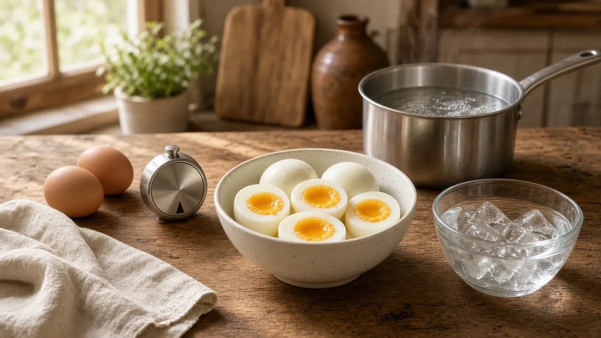 A rustic kitchen setup showing how to medium boil eggs with a saucepan, timer, ice bath, and softly set eggs.