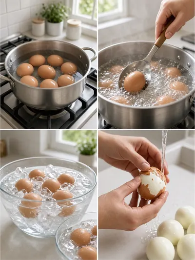 Four-panel kitchen collage demonstrating how to medium boil eggs from simmering to chilled peeling