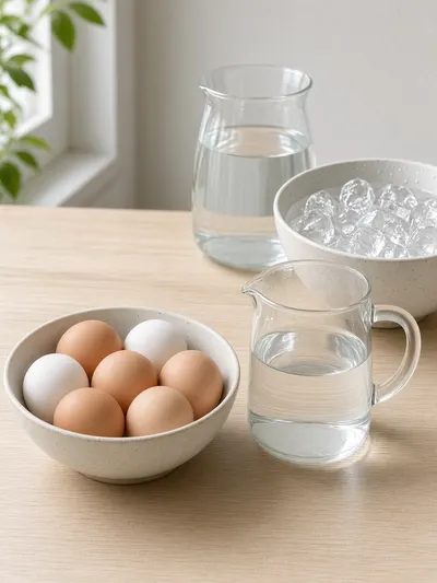 Ingredients arranged on a kitchen table for how to medium boil eggs, with six eggs, water, ice cubes, and chilled water.